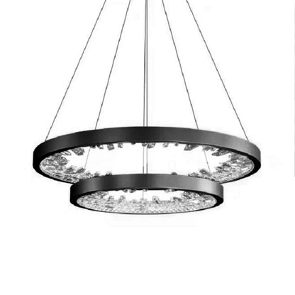 Lustra LED suspendata cu telecomanda, Cristale K9, 110W, 2 Cerc, lumina Rece/Calda/Neutra, Dimabila, Negru, Inaltime Reglabila