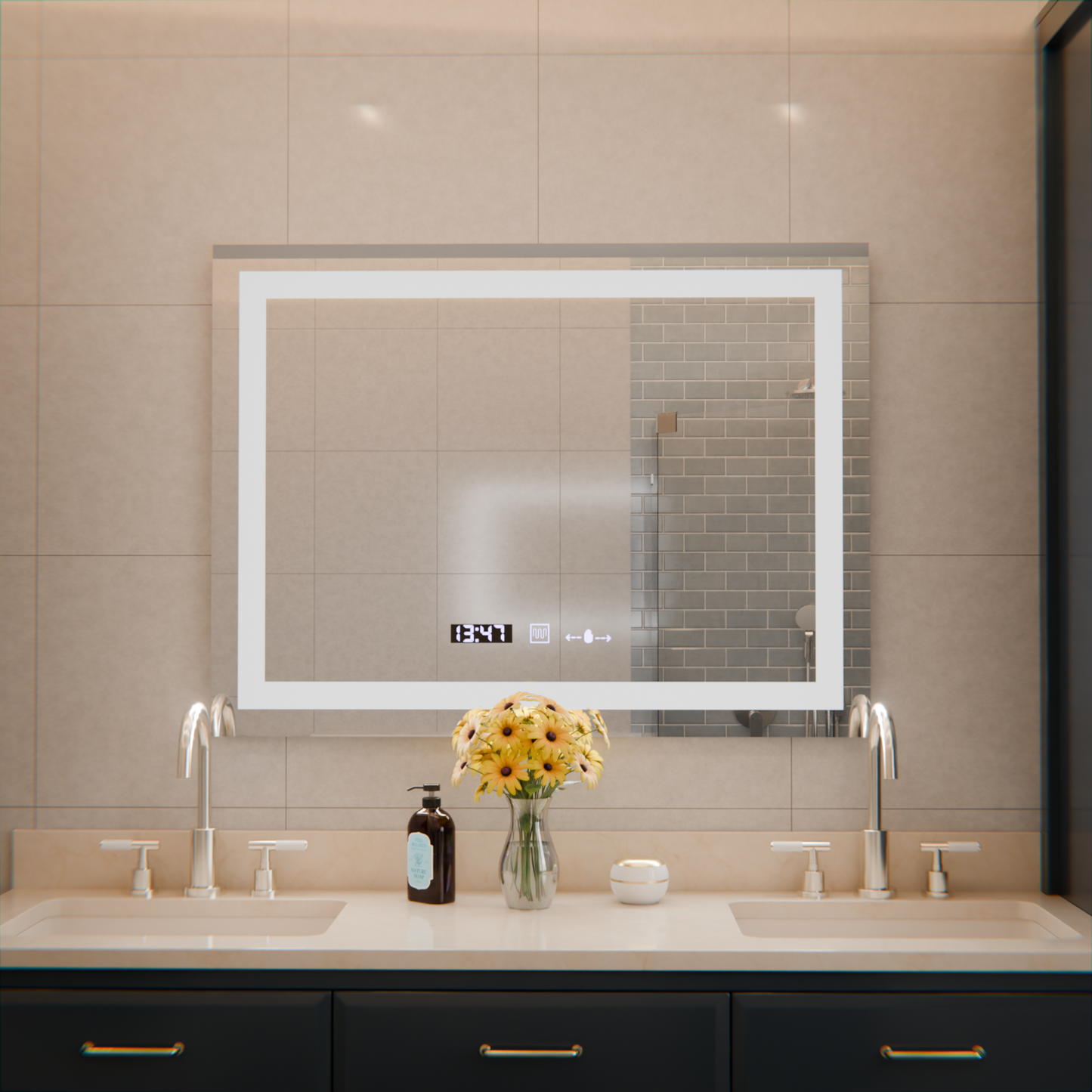 Oglinda LED Rectangulara 80x60cm Verite MotionGlow Marcello, Sistem Dezaburire, Termometru si Ceas, Dimabila