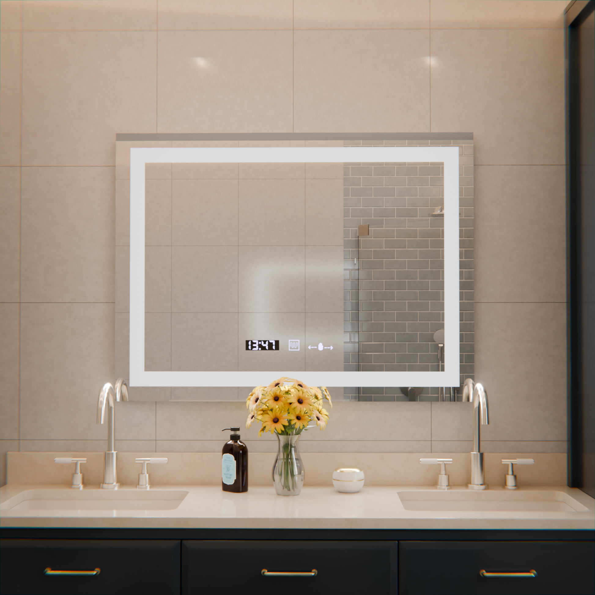 Oglinda LED Rectangulara 80x60cm Verite MotionGlow Marcello, Sistem Dezaburire, Termometru si Ceas, Dimabila