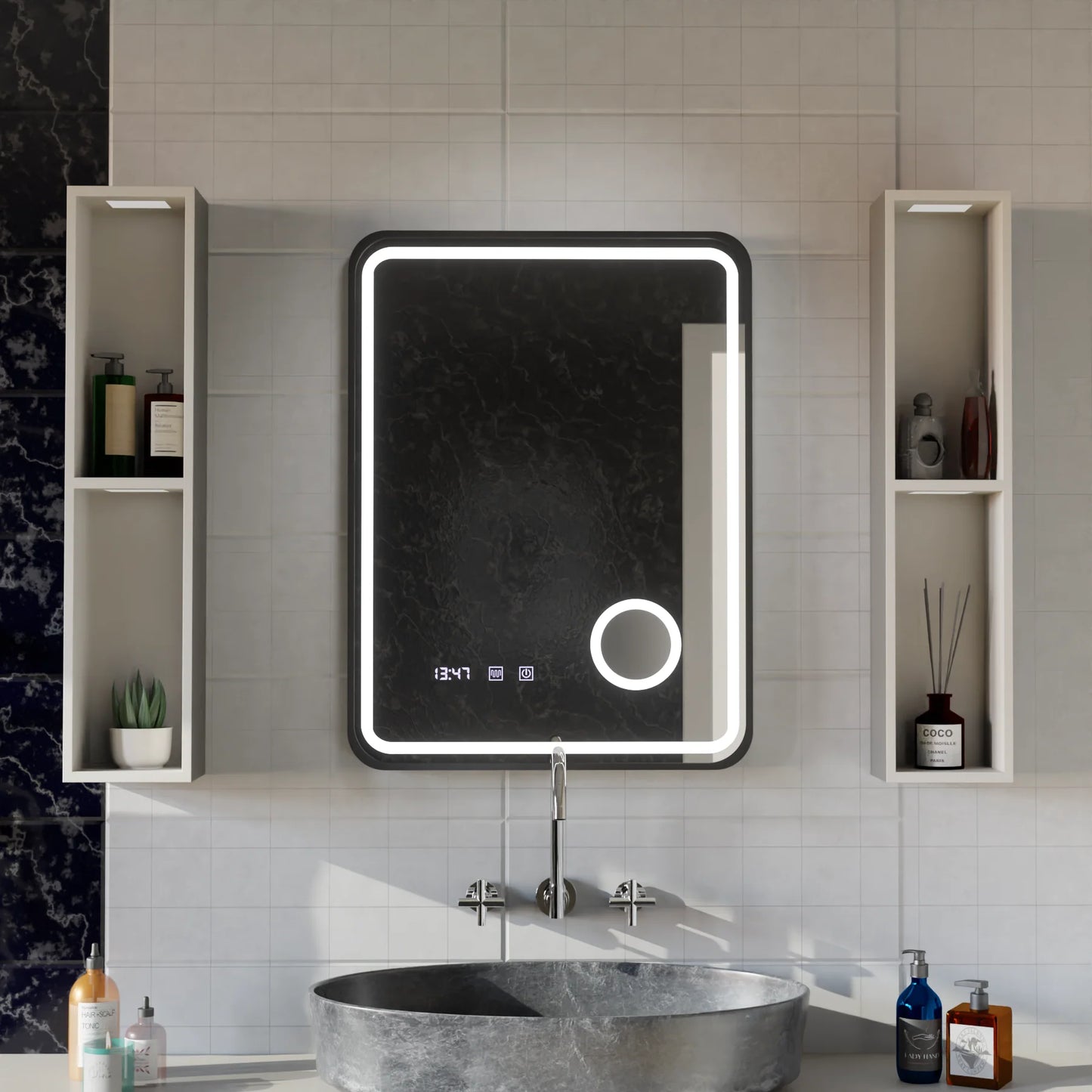 Oglinda LED Touch Ulrich Sistem Dezaburire, Ceas si Temperatura 60x80 cm Rama Negru Brushed Lupa Cosmetica