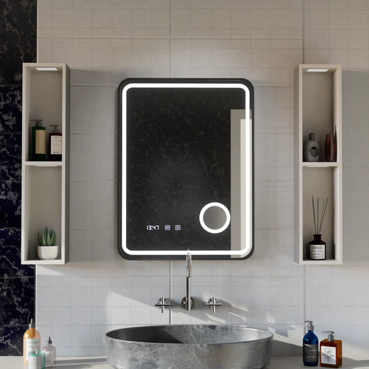 Oglinda LED Touch Ulrich Sistem Dezaburire, Ceas si Temperatura 60x80 cm Rama Negru Brushed Lupa Cosmetica