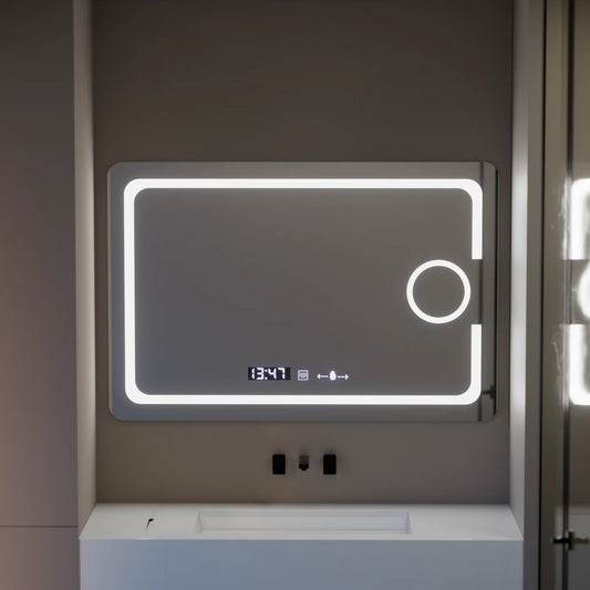 Oglinda LED Rectangulara, 120x80cm, Eclat MotionGlow Marcello, Sistem Dezaburire, Ceas & Termometru, Lupa Cosmetica, Dimabila