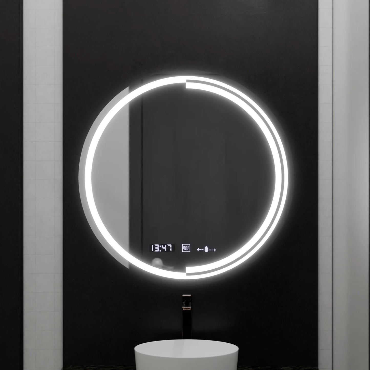 Oglinda LED Senzor MotionGlow Consuel Sistem Dezaburire Termometru si Ceas Rotunda Diametru 60 cm Lumina Rece/Calda/Neutra Dimabila Colectia Marcello Funghi
