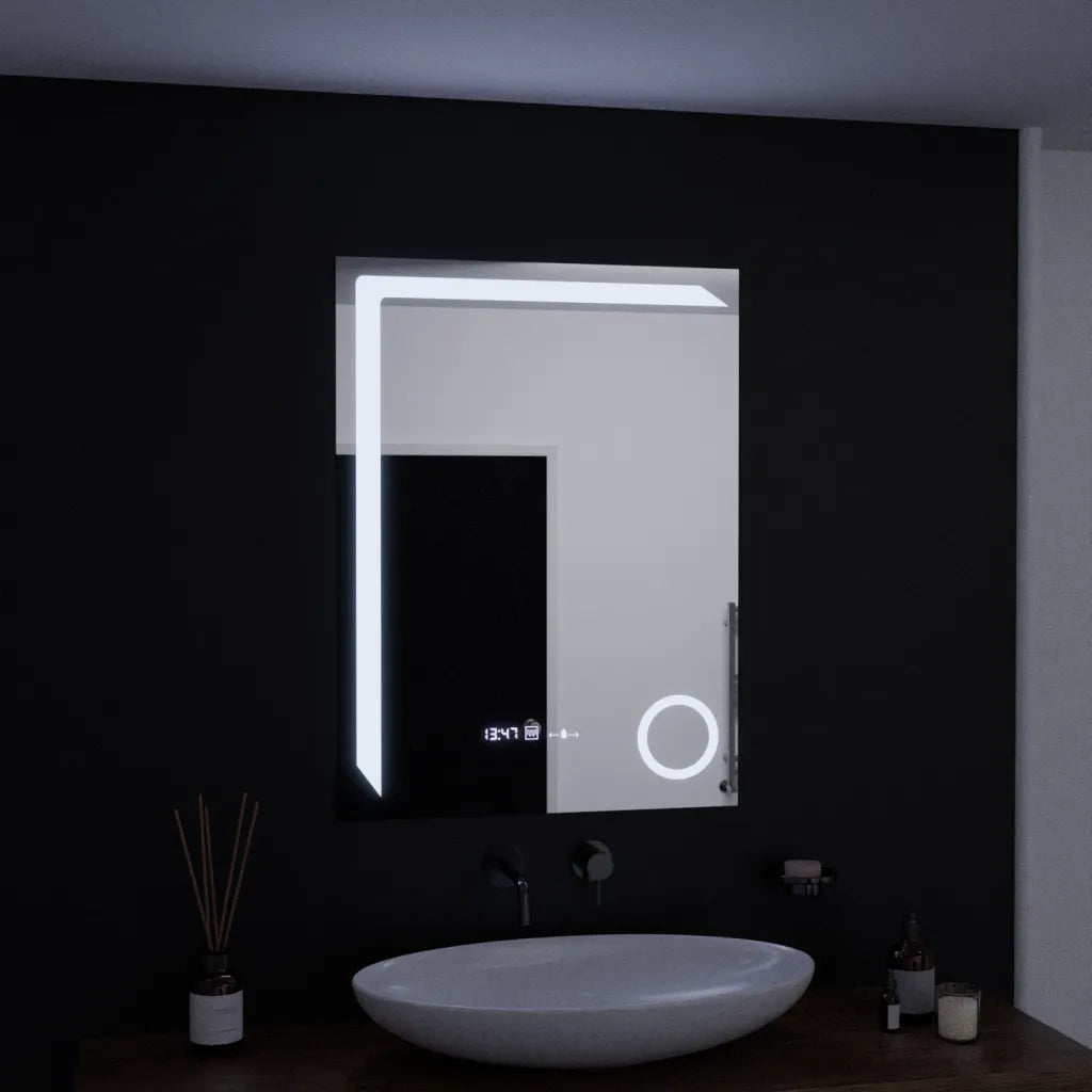 Oglinda LED Rectangulara 60x80 Precision MotionGlow Marcello, Lupa Cosmetica, Sistem Dezaburire, Termometru, Ceas, Dimabila