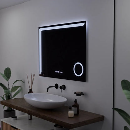 Oglinda LED Rectangulara 80x60 Precision MotionGlow Marcello, Lupa Cosmetica, Sistem Dezaburire, Termometru si Ceas, Dimabila