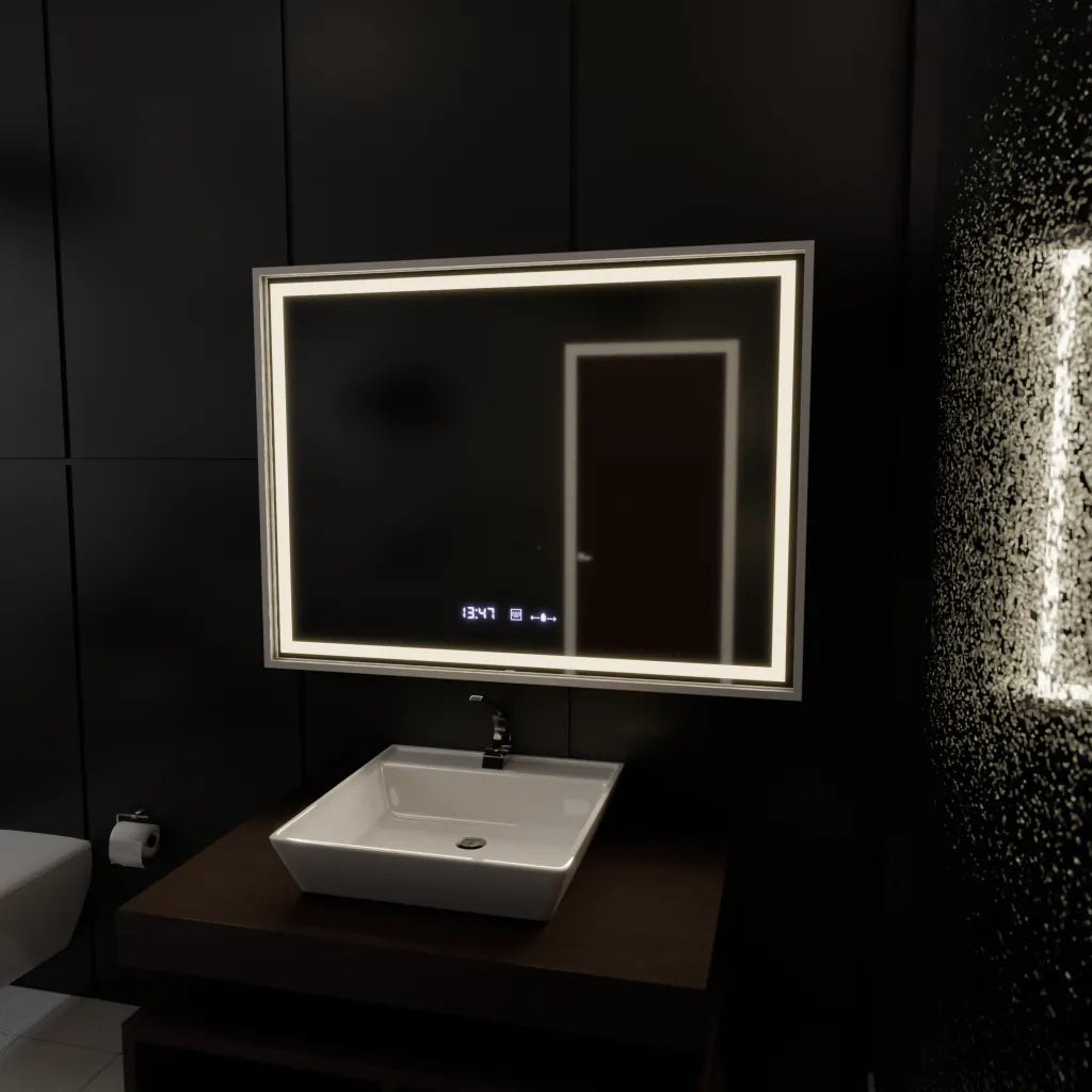Oglinda LED Rectangulara 120x80 Verite Imperial Silver Motion Glow Marcello, Sistem Dezaburire, Termometru si Ceas, Dimabila