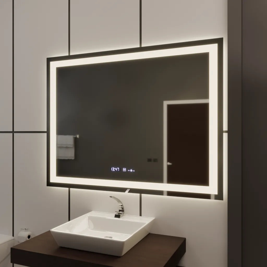 Oglinda LED Rectangulara 100x75cm Verite MotionGlow Marcello, Sistem Dezaburire, Termometru si Ceas, Dimabila
