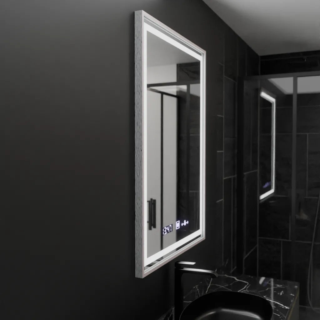 Oglinda LED Rectangulara 60x80 Verite Imperial Silver Motion Glow Marcello, Sistem Dezaburire, Termometru si Ceas, Dimabila