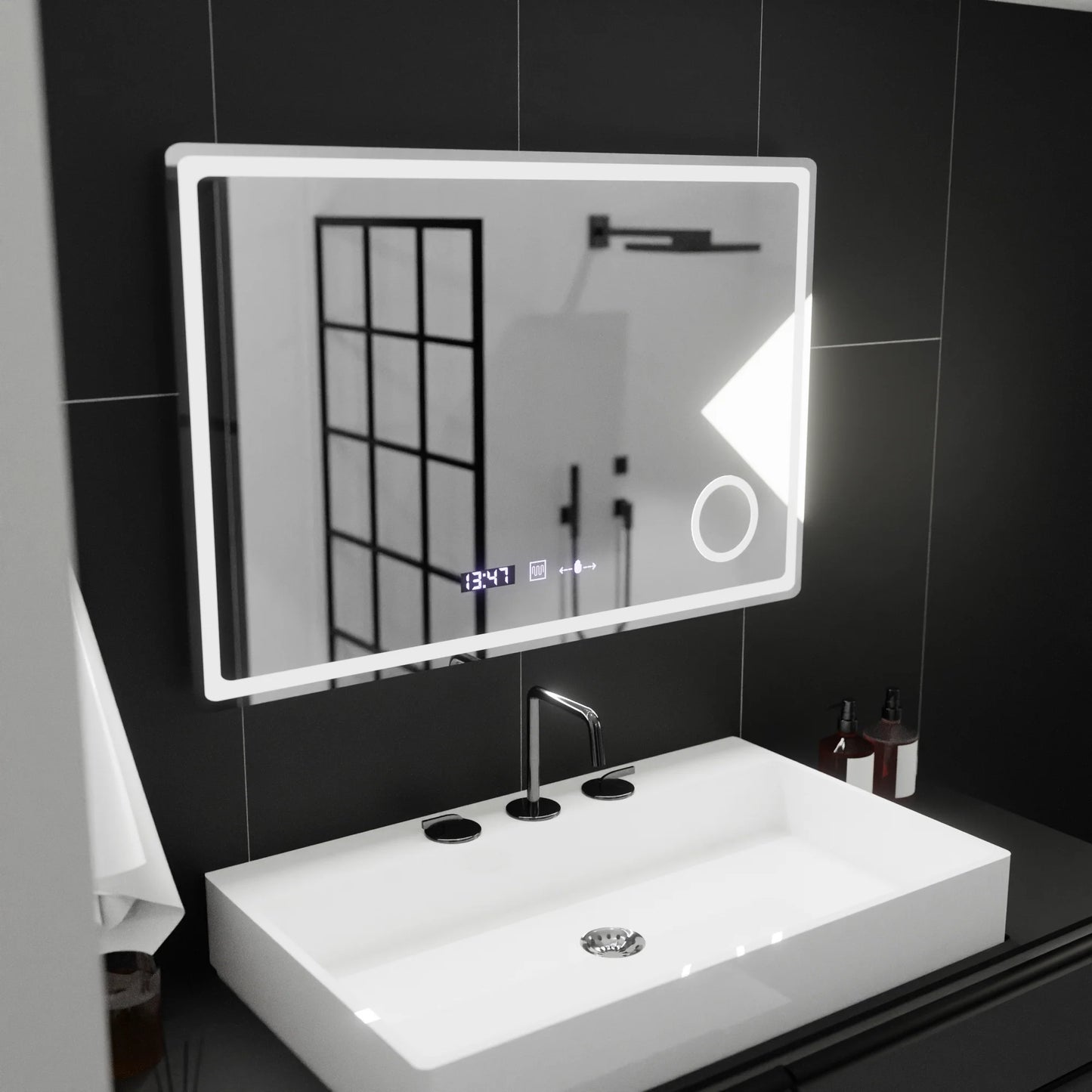 Oglinda LED Rectangulara, 90x60cm, Velour MotionGlow Marcello, Sistem Dezaburire, Ceas & Termometru, Lupa Cosmetica, Dimabila