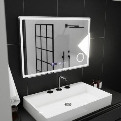 Oglinda LED Rectangulara, 90x60cm, Velour MotionGlow Marcello, Sistem Dezaburire, Ceas & Termometru, Lupa Cosmetica, Dimabila
