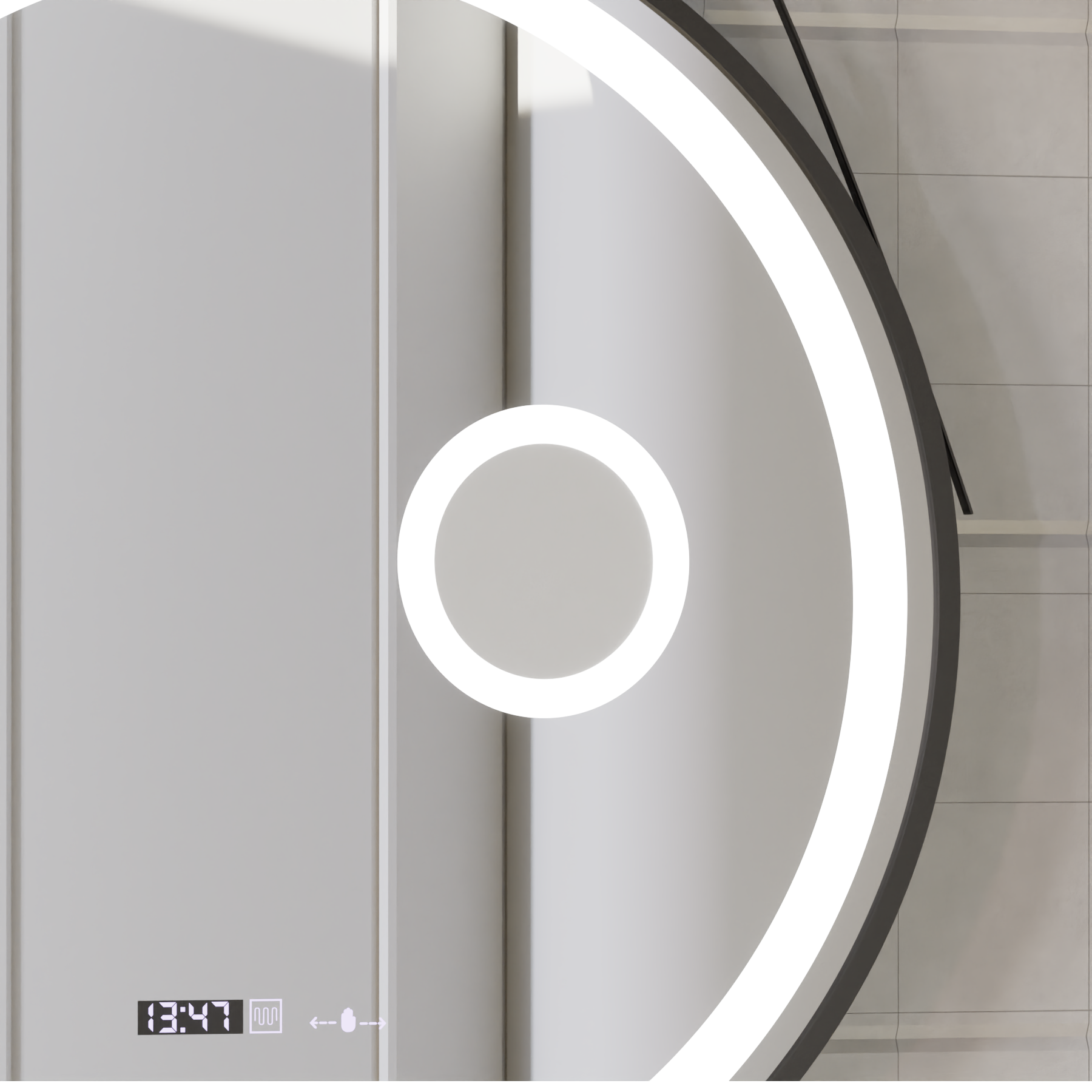 Oglinda LED Rotunda, 60cm, Micah Senzor MotionGlow Marcello, Sistem Dezaburire, Ceas & Termometru, Lupa Cosmetica, Dimab