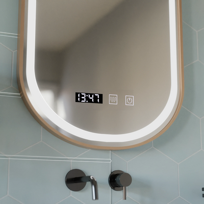 Oglinda LED Touch Siegfried Sistem Dezaburire, Ceas si Temperatura, 45x90cm, Rama Auriu Brushed, Lumina Calda Neutra Rece 3000K/4000K/6000K