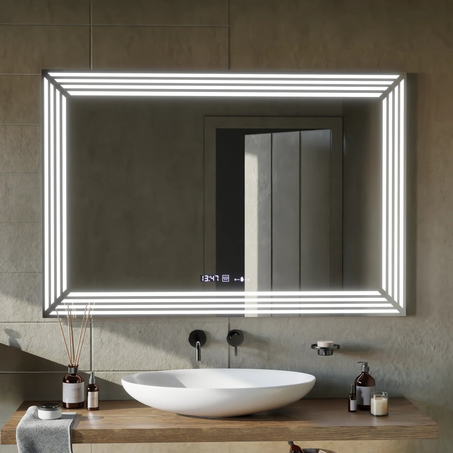 Oglinda LED Rectangulara, 80x60cm, Venezia Senzor MotionGlow Marcello, Sistem Dezaburire, Ceas & Termometru, Dimabila