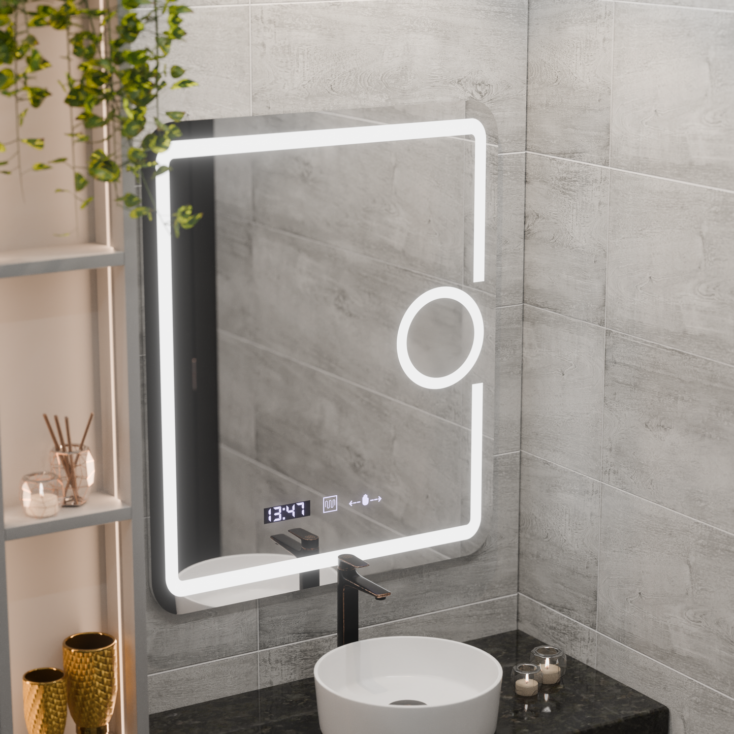 Oglinda LED Rectangulara, 75x90cm, Eclat MotionGlow Marcello, Sistem Dezaburire, Ceas & Termometru, Lupa Cosmetica, Dima