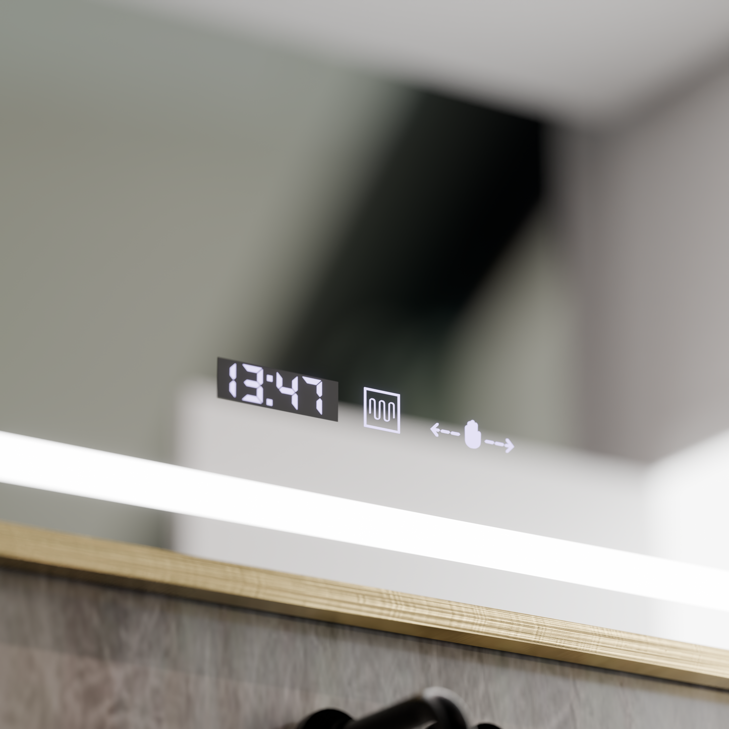 Oglinda LED Rectangulara, 110x65cm, Eclat MotionGlow Marcello, Sistem Dezaburire, Ceas & Termometru, Lupa Cosmetica, Dimabila, Rama Auriu Brushed