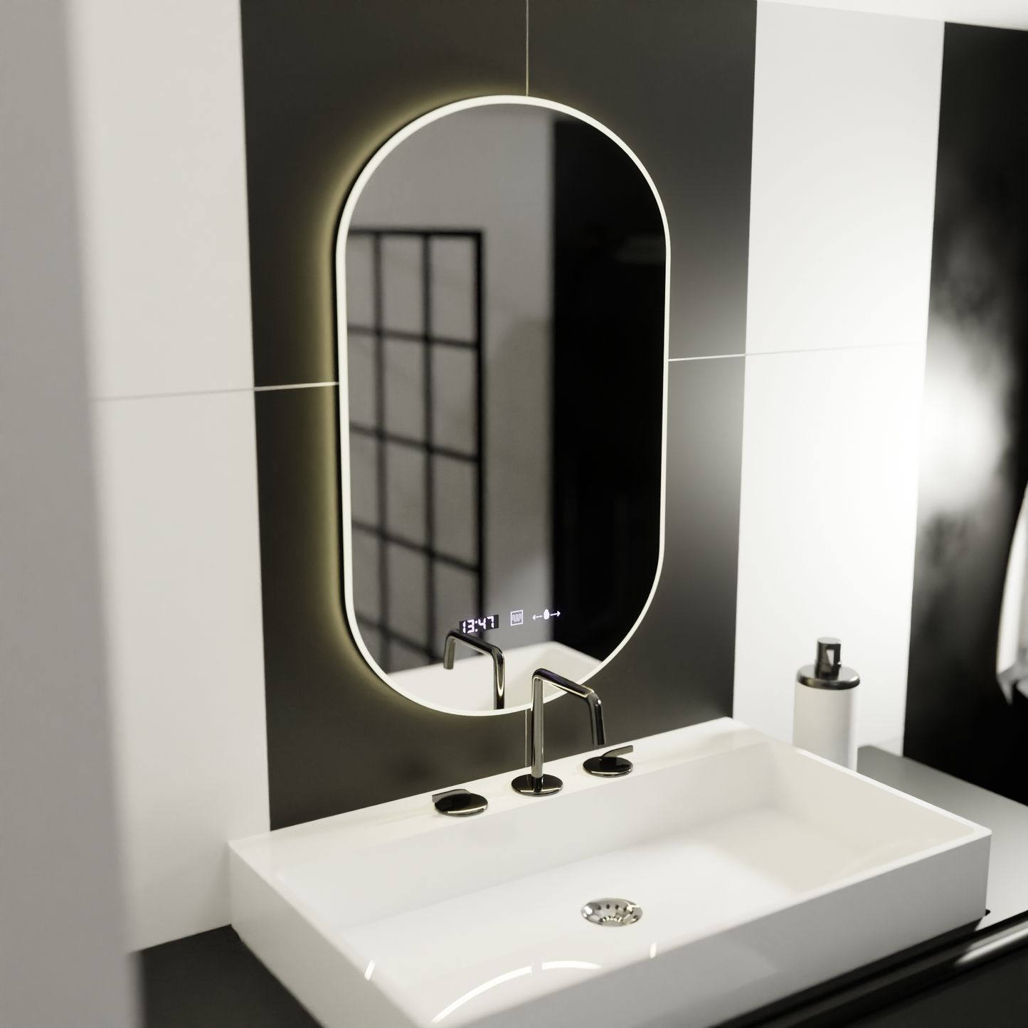 Oglinda LED Ovala, 50x100cm, Lucia Senzor Marcello, Sistem Dezaburire, Ceas & Termometru, Dimabila