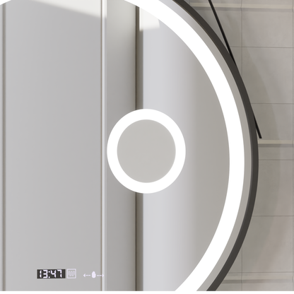 Oglinda LED Senzor MotionGlow Micah Rotunda Diametru 60 cm Lumina Rece/Calda/Neutra Dimabila Sistem Dezaburire Termometru Ceas si Lupa Cosmetica Rama Negru Periat cu Curea Piele Ecologica Marcello Funghi