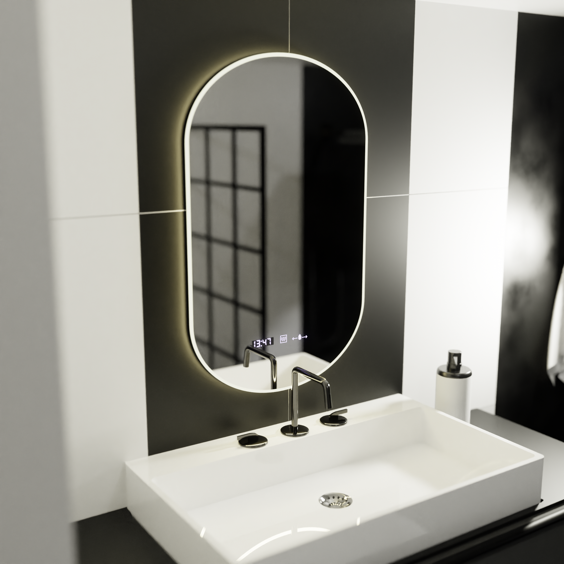 Oglinda LED Ovala, 50x80cm, Lucia Senzor Marcello, Sistem Dezaburire, Ceas & Termometru, Dimabila – oglindă LED, cu senz