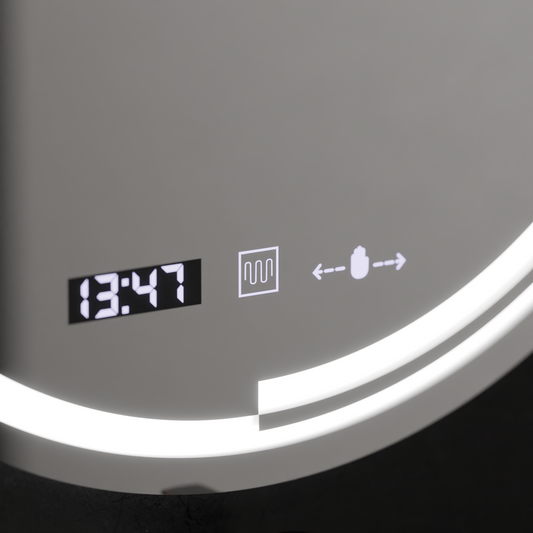 Oglinda LED Senzor MotionGlow Consuel Sistem Dezaburire Termometru si Ceas Rotunda Diametru 60 cm Lumina Rece/Calda/Neutra Dimabila Colectia Marcello Funghi