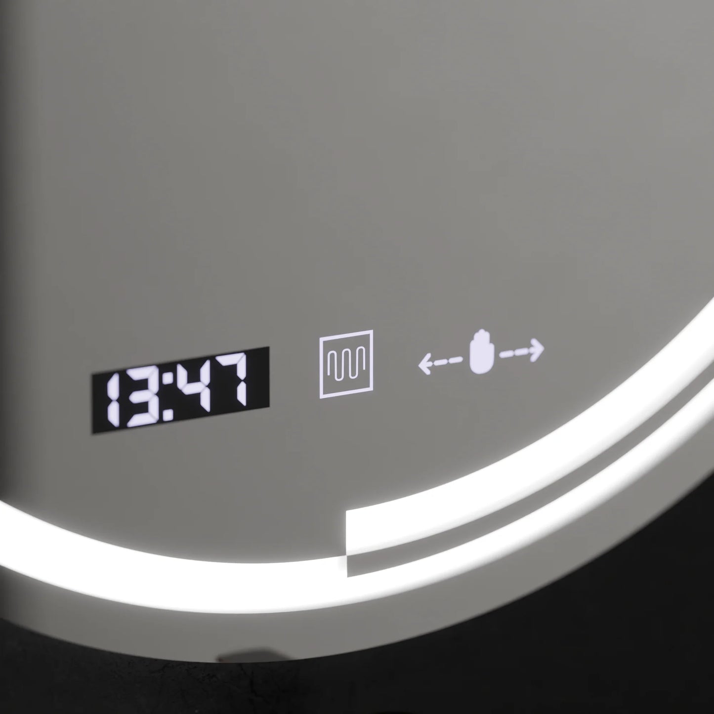 Oglinda LED Senzor MotionGlow Consuel Sistem Dezaburire Termometru si Ceas Rotunda Diametru 60 cm Lumina Rece/Calda/Neutra Dimabila Colectia Marcello Funghi