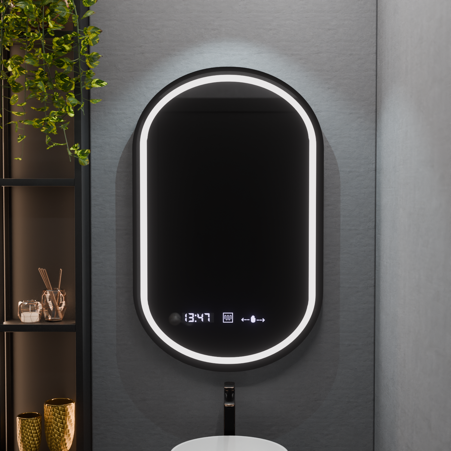 Oglinda LED Ovala, 50x90cm, Alessia MotionGlow Marcello, Sistem Dezaburire, Ceas & Termometru, Dimabila – oglindă LED, 5