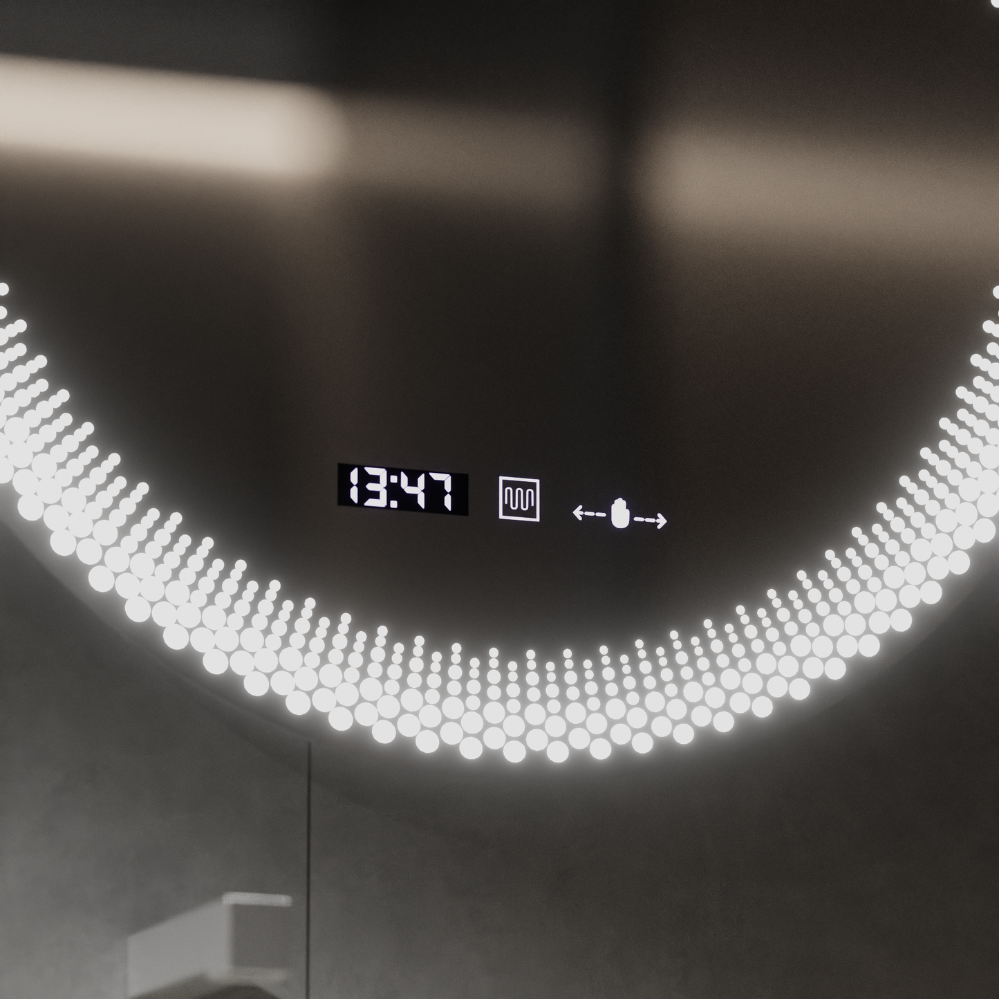 Oglinda LED Rotunda W47/60X60, 60cm, MotionGlow Marcello, Sistem Dezaburire, Ceas & Termometru, Dimabila