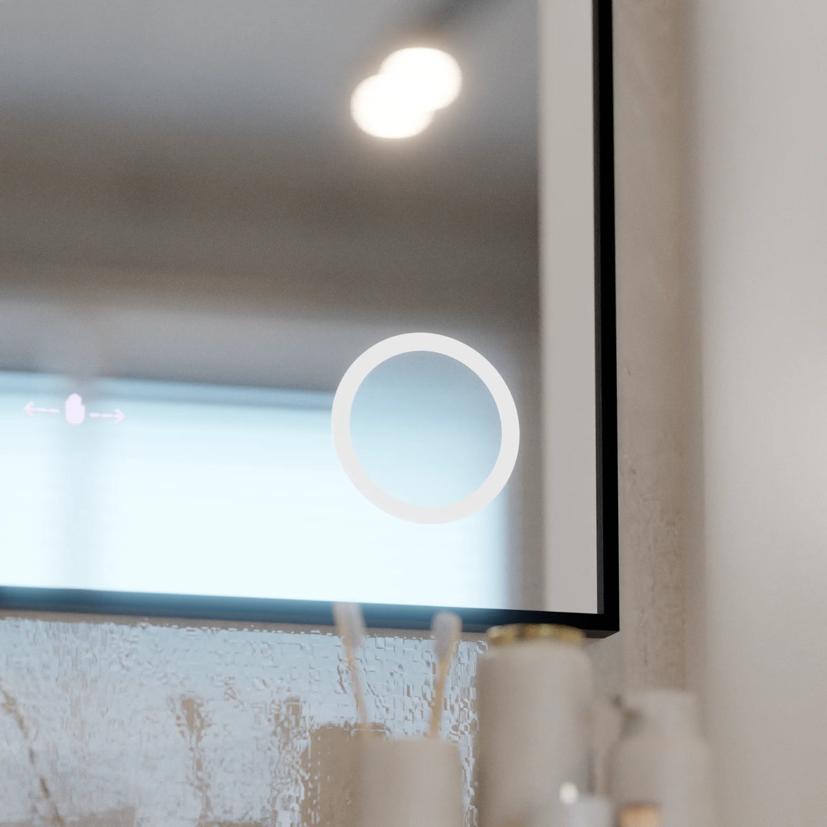 Oglinda LED Senzor MotionGlow Francesca 80x60 cm Lumina Calda/Rece/Neutra Dimabila Rama Negru Brushed Sistem Dezaburire Termometru Ceas Colectia Marcello Funghi