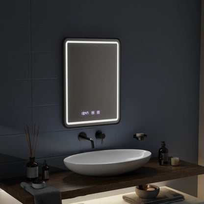 Oglinda LED Touch LUCIDA Sistem Dezaburire, Ceas si Temperatura 60x80 cm Rama Negru Brushed