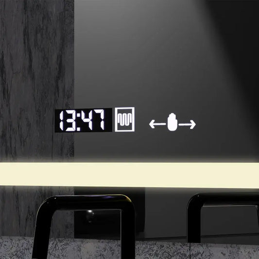 Oglinda LED Rectangulara 80x60 Definition MotionGlow Marcello, Lupa Cosmetica, Sistem Dezaburire, Termometru si Ceas, Dimabila