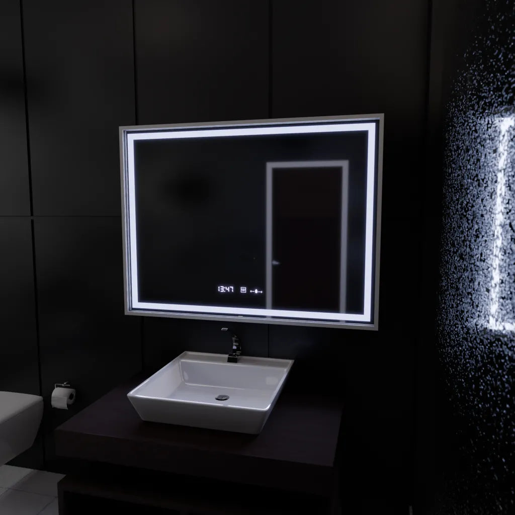 Oglinda LED Rectangulara 80x60 Verite Imperial Silver Motion Glow Marcello, Sistem Dezaburire, Termometru si Ceas, Dimabila