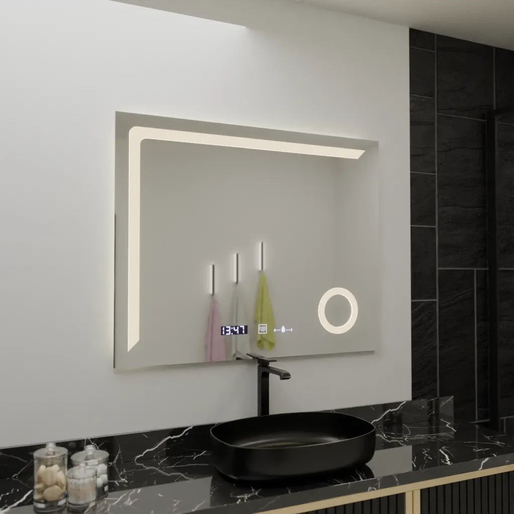 Oglinda LED Rectangulara 100x80 Precision MotionGlow Marcello, Lupa Cosmetica, Sistem Dezaburire, Termometru si Ceas, Dimabila