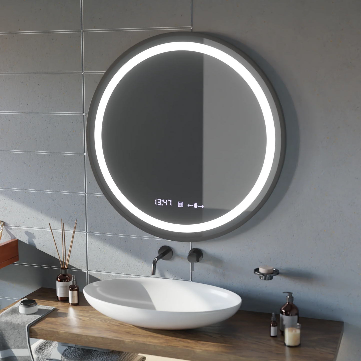 Oglinda LED Rotunda, 100cm, Celeste Majeste Noir MotionGlow Marcello, Sistem Dezaburire, Ceas & Termometru, Dimabila