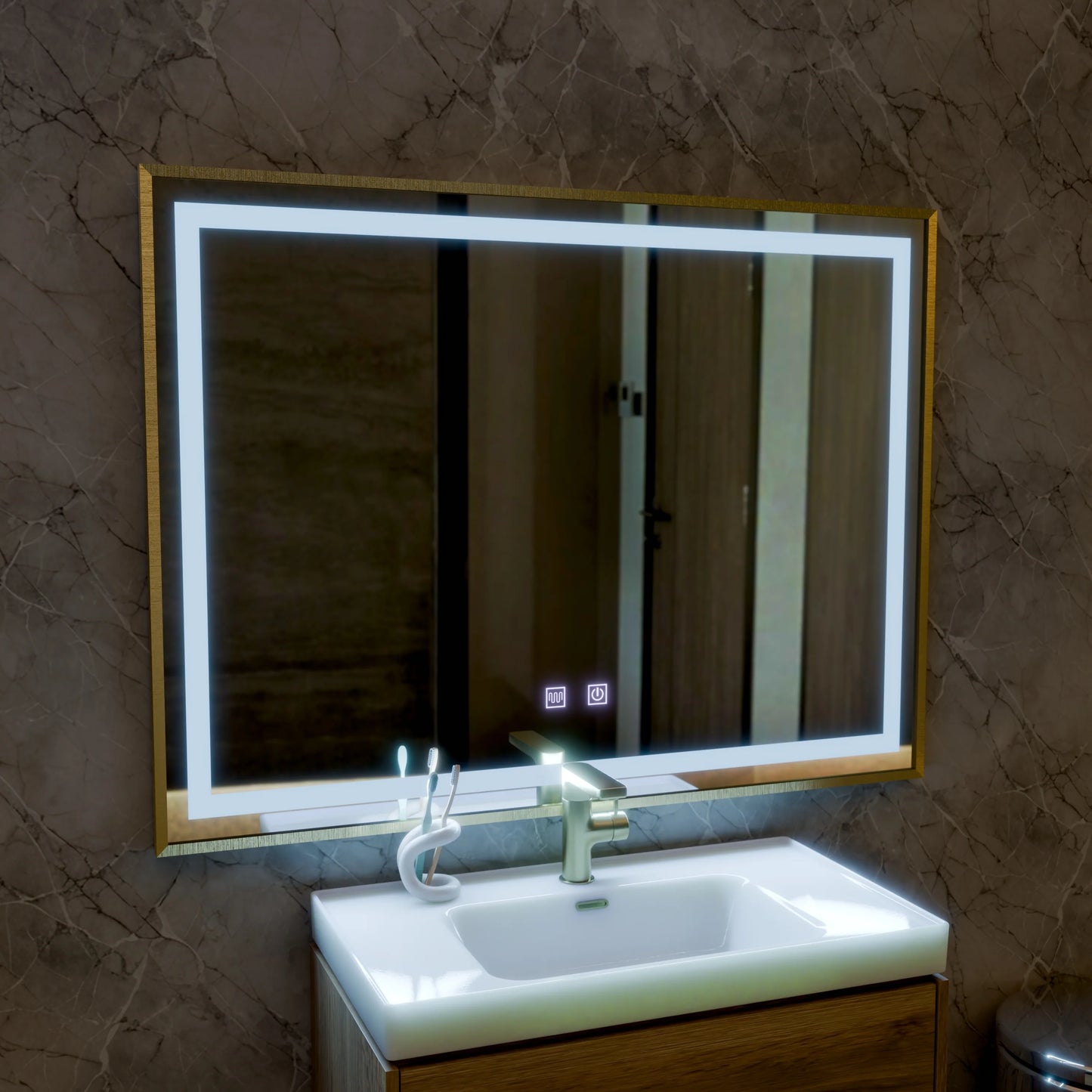 Oglinda LED Touch Kariri, 80x60 cm, functie Dezaburire, Rama Gold Rose Brushed