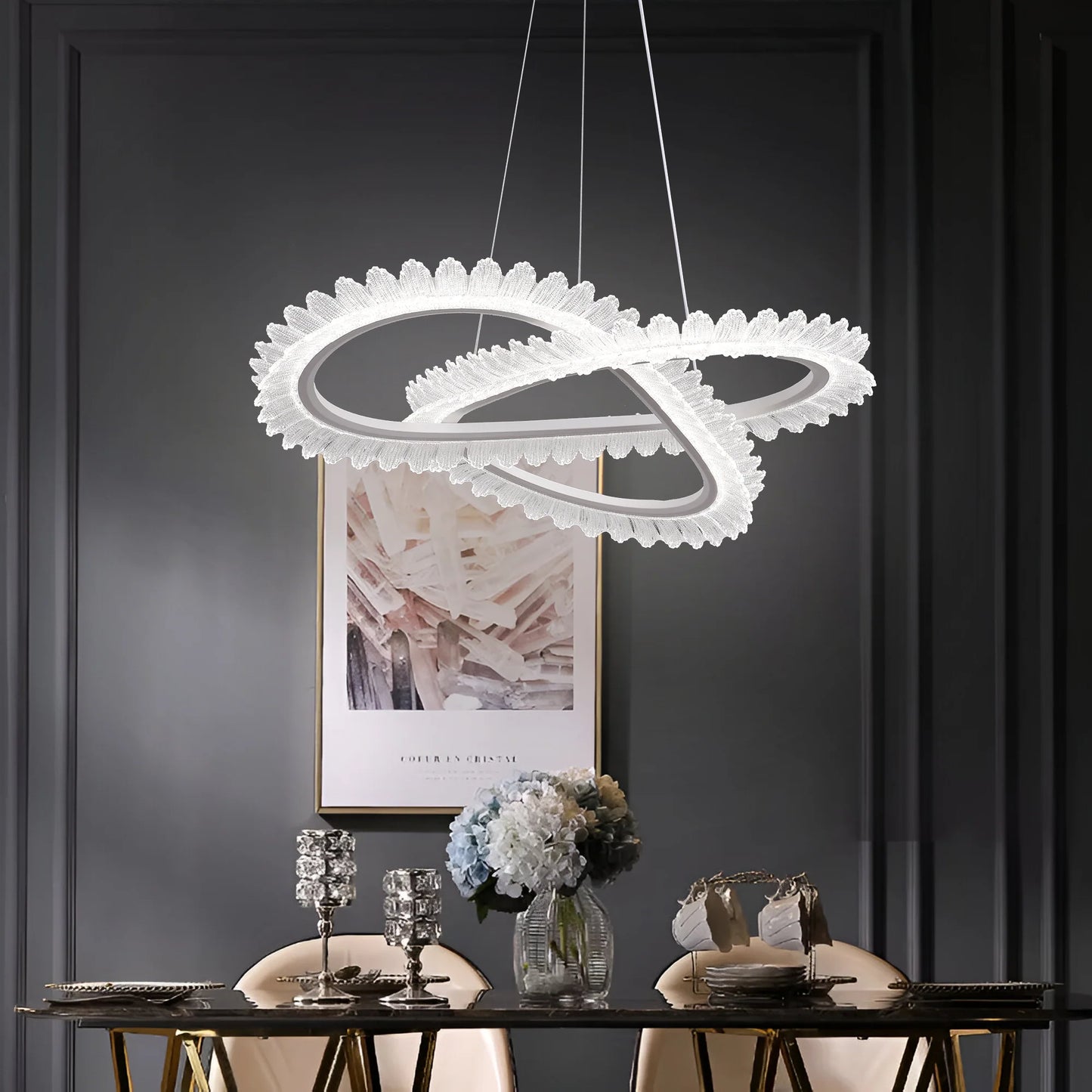 Lustra LED cu Telecomanda LT187WH, Cristal si Metal, 52W, Dimabila, Inaltime Reglabila, lumina Rece/Calda/Neutra, Iluminat Luxos
