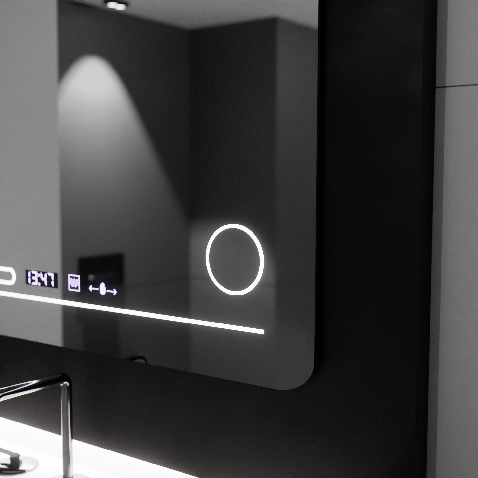 Oglinda LED Rectangulara, 80x60cm, Harmonie MotionGlow Marcello, Sistem Dezaburire, Termometru si Ceas, Lupa Cosmetica,