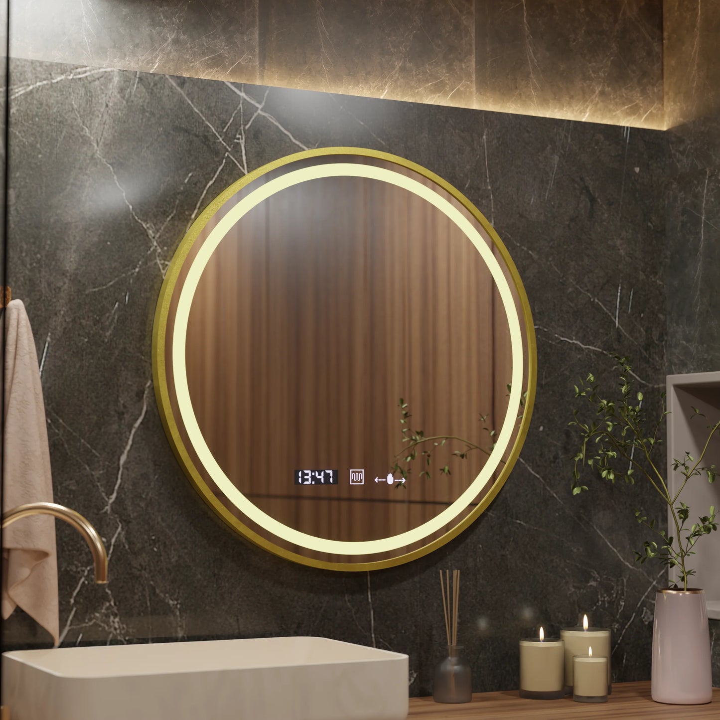 Oglinda LED Rotunda, 60cm, Celeste Royale Gold MotionGlow Marcello, Sistem Dezaburire, Ceas & Termometru, Dimabila