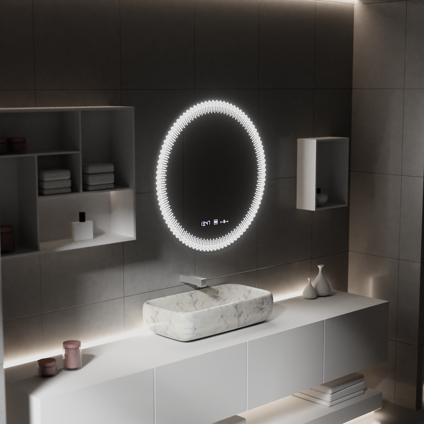 Oglinda LED Rotunda W47/60X60, 60cm, MotionGlow Marcello, Sistem Dezaburire, Ceas & Termometru, Dimabila