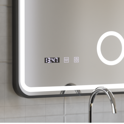 Oglinda LED Touch Ulrich Sistem Dezaburire, Ceas si Temperatura 60x80 cm Rama Negru Brushed Lupa Cosmetica
