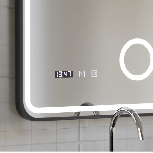 Oglinda LED Touch Ulrich Sistem Dezaburire, Ceas si Temperatura 60x80 cm Rama Negru Brushed Lupa Cosmetica