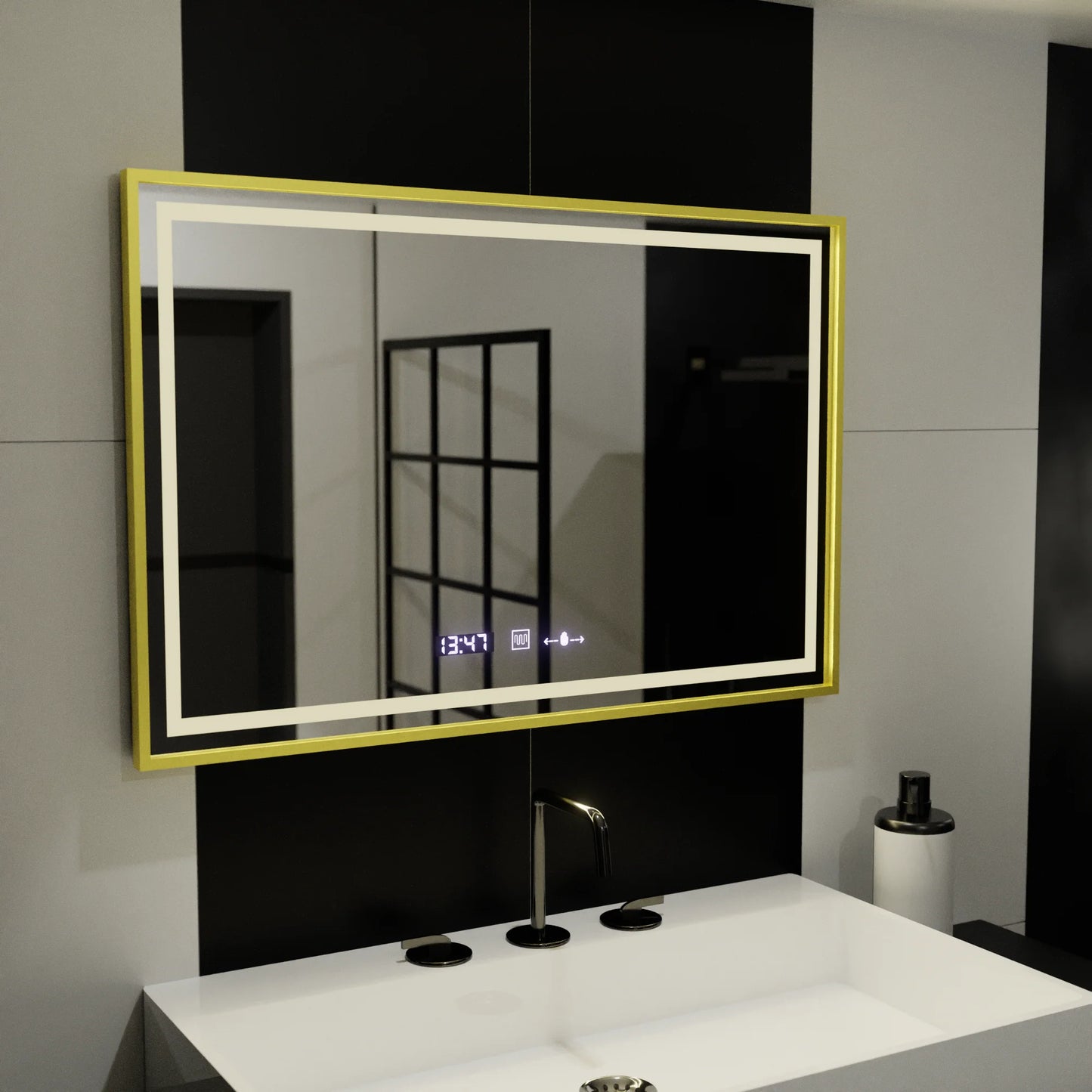 Oglinda LED Rectangulara 120x80 Verite Royale Gold MotionGlow Marcello, Sistem Dezaburire, Termometru si Ceas, Dimabila
