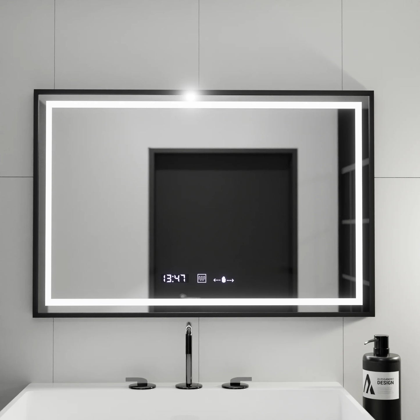 Oglinda LED Rectangulara 100x80 Verite Majeste Noir MotionGlow Marcello, Sistem Dezaburire, Termometru si Ceas, Dimabila