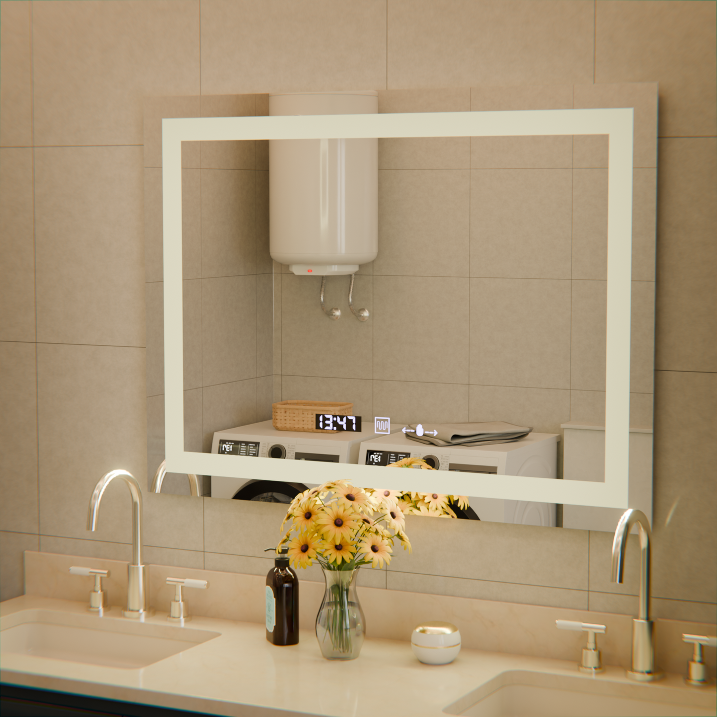 Oglinda LED Rectangulara 80x60cm Verite MotionGlow Marcello, Sistem Dezaburire, Termometru si Ceas, Dimabila