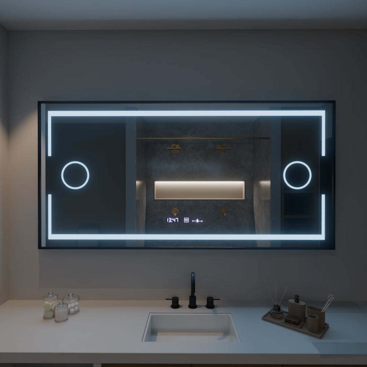 Oglinda LED Rectangulara, 160x80cm, Senzor MotionGlow Marcello, Sistem Dezaburire, Ceas & Termometru, Lupa Cosmetica, Dimabila