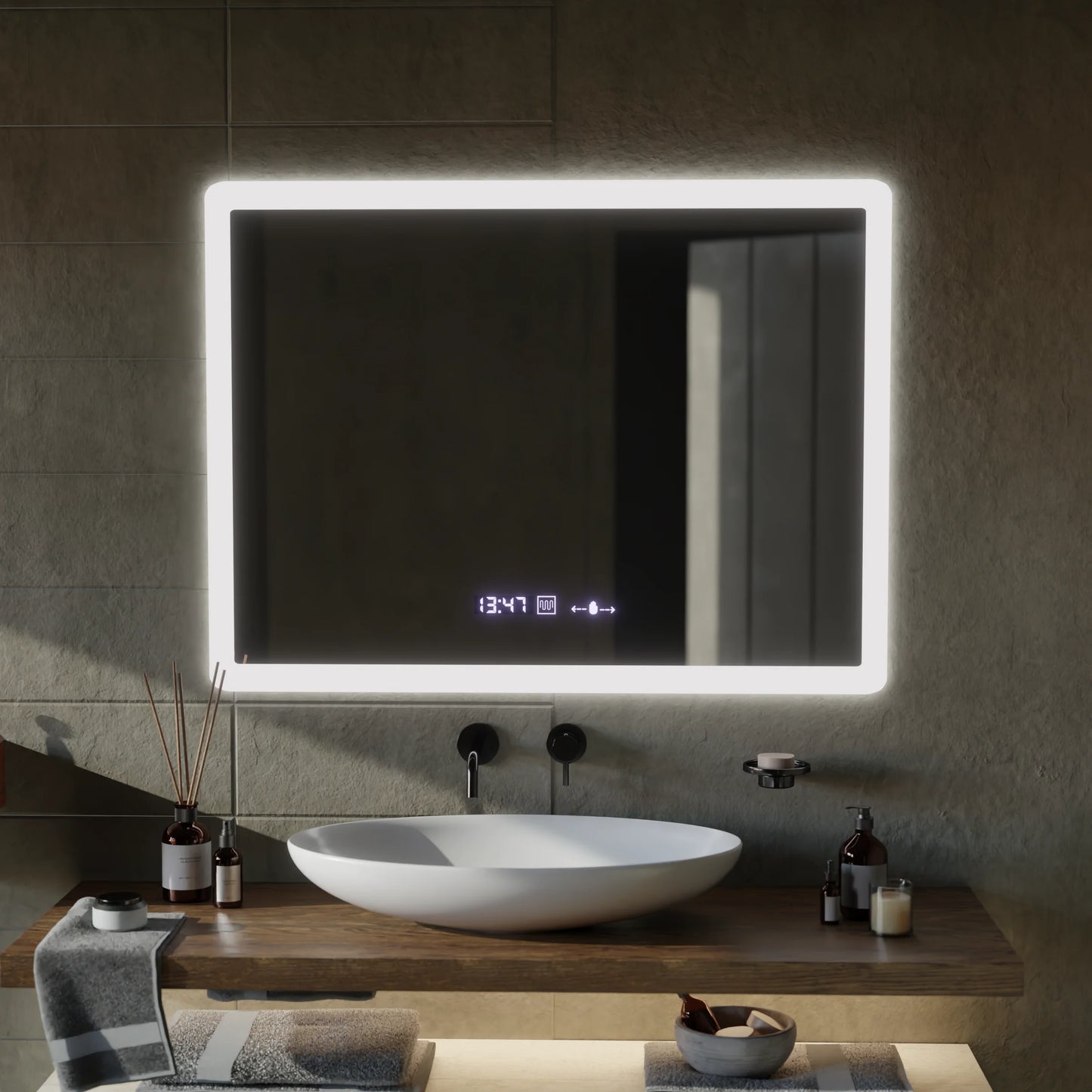 Oglinda LED Rectangulara, 80x60cm, Zampa Senzor MotionGlow Marcello, Sistem Dezaburire, Ceas & Termometru, Dimabila