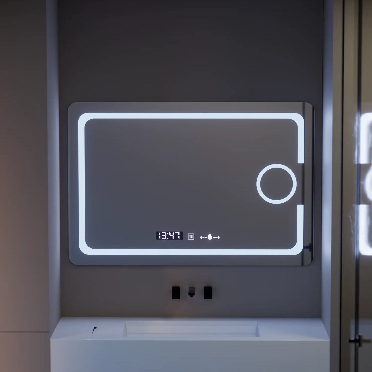 Oglinda LED Rectangulara, 120x80cm, Eclat MotionGlow Marcello, Sistem Dezaburire, Ceas & Termometru, Lupa Cosmetica, Dimabila