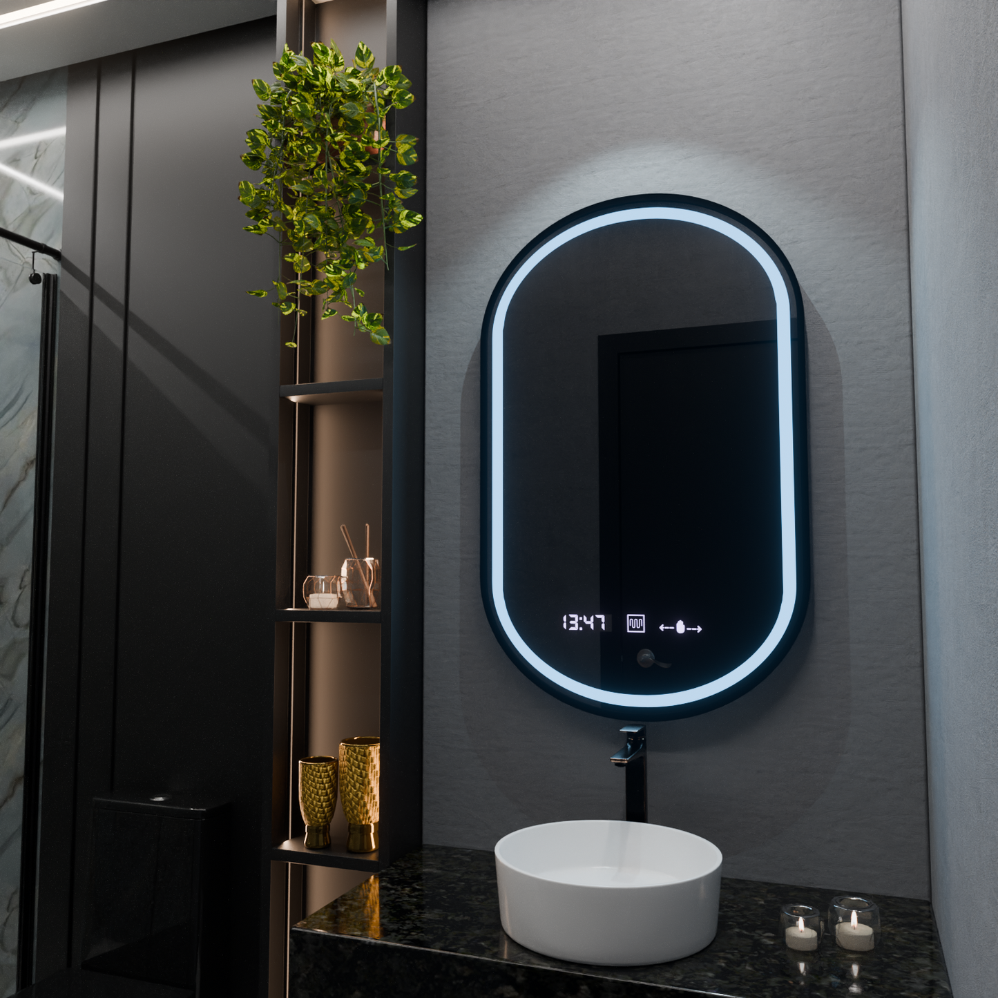 Oglinda LED Ovala, 50x90cm, Alessia MotionGlow Marcello, Sistem Dezaburire, Ceas & Termometru, Dimabila – oglindă LED, 5