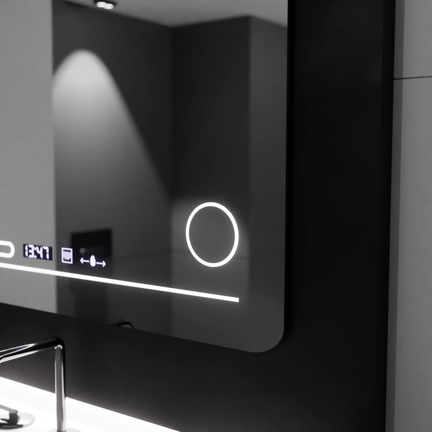 Oglinda LED Rectangulara, 80x60cm, Harmonie MotionGlow Marcello, Sistem Dezaburire, Termometru si Ceas, Lupa Cosmetica, Dimabila
