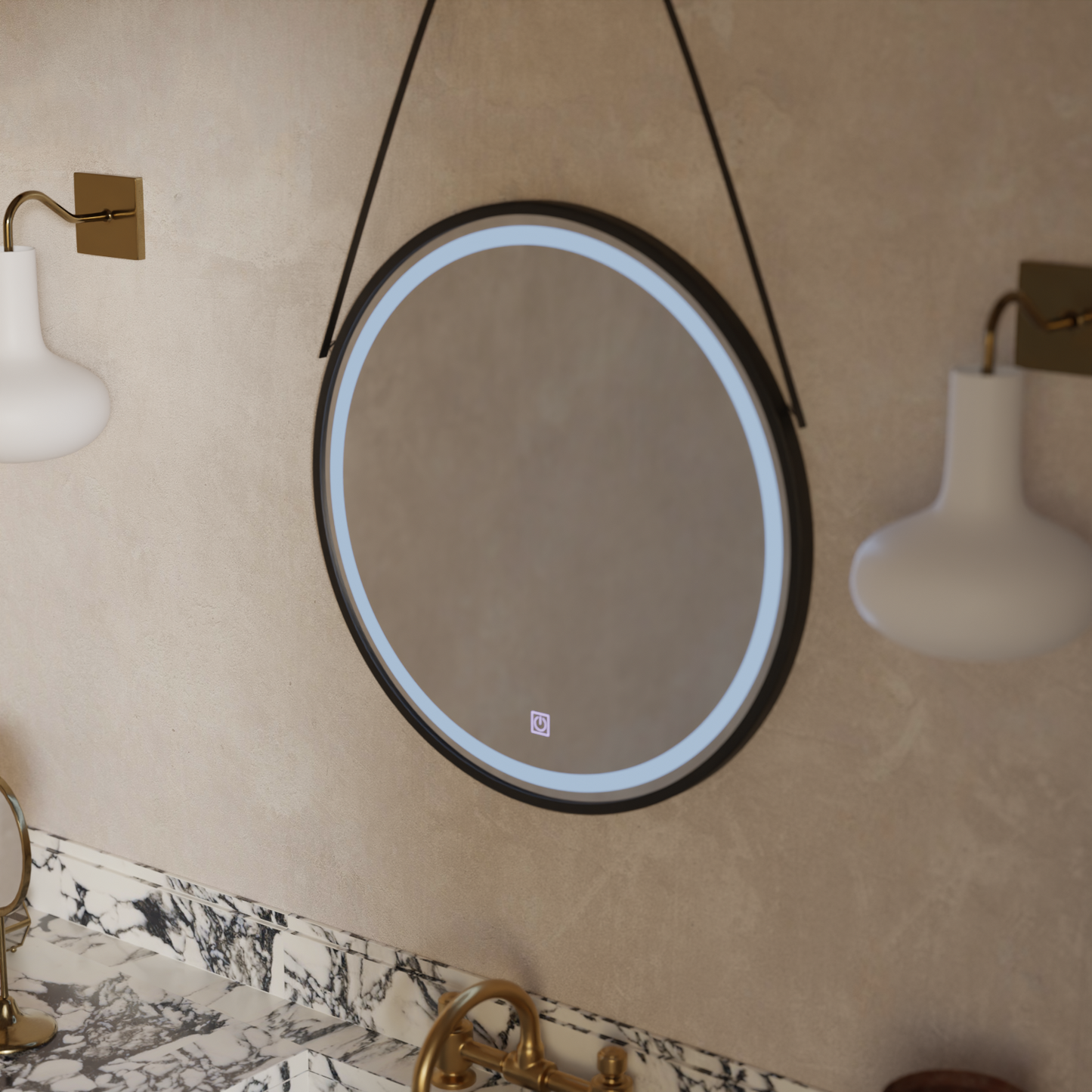 Oglinda LED Rotunda 60cm Rama Neagra, Suspendata Basic Touch