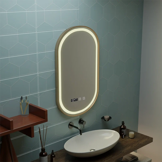 Oglinda LED Touch Siegfried Sistem Dezaburire, Ceas si Temperatura, 45x90cm, Rama Auriu Brushed, Lumina Calda Neutra Rece 3000K/4000K/6000K