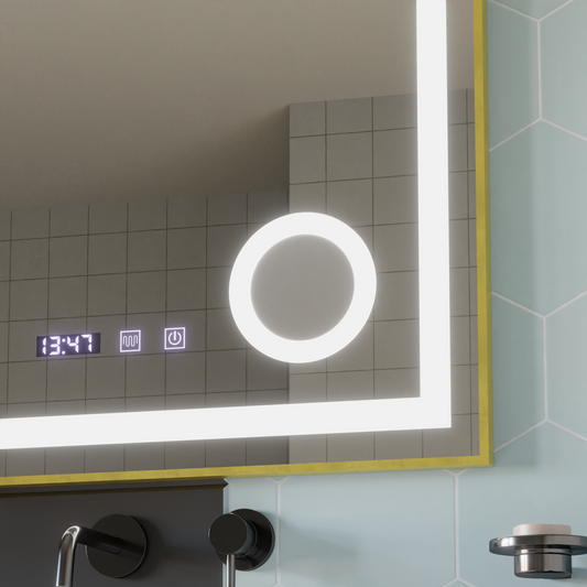 Oglinda LED Touch CLARUS Sistem Dezaburire, Ceas si Temperatura 80x60 cm Rama Auriu Brushed Lupa Cosmetica